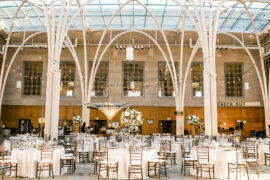 White, gold and green wedding reception in Indianapolis Public Library Atrium
